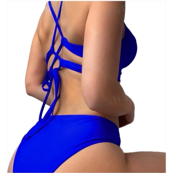 Neon Blue Bikini Set Cut Out Underwire Halter Push Up Bra Bathing Suit ***NEW*** - Picture 4 of 5